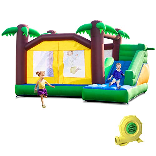 Costzon Inflatable Bounce House, Kids Water Slide with Climbing Wall, Jumping Area, Plash Pool, Including Oxford Carry Bag, Repairing Kit, Stakes, Hose (with 950W Air Blower)